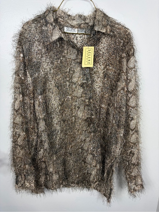 Selene Sport Tops - VTG Selene Sport NWT Shaggy Eyelash Knit Animal Print Button‎ Down Top Large New